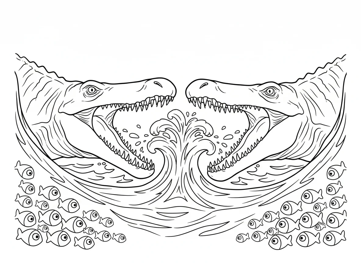 Two Mosasaurus facing off in open ocean, teeth bared, swirling water between the — free coloring page