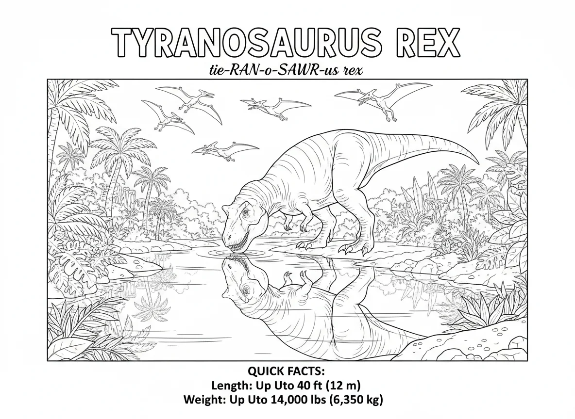 Tyrannosaurus drinking from a prehistoric river, reflection visible in water, pt — free coloring page