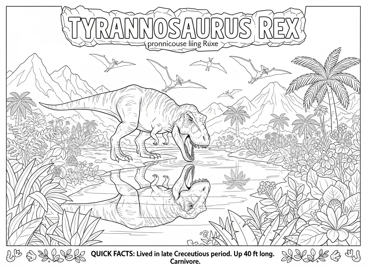 Tyrannosaurus Rex drinking from a prehistoric river, reflection visible in water — free coloring page