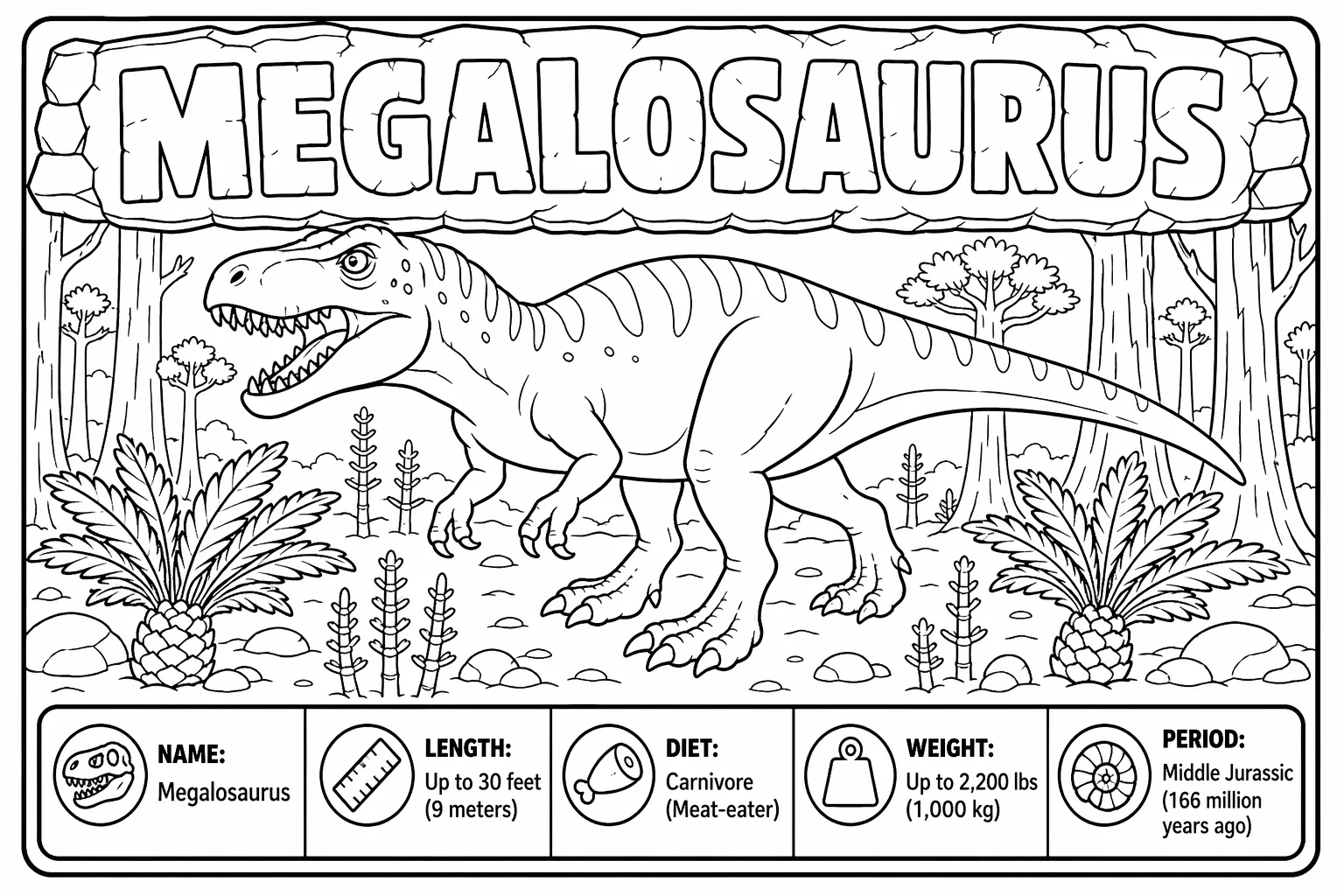 Megalosaurus Jurassic Woodland Scene — free coloring page