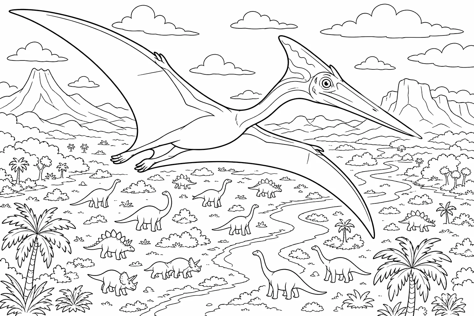 Quetzalcoatlus Soaring Over Dinosaurs — free coloring page