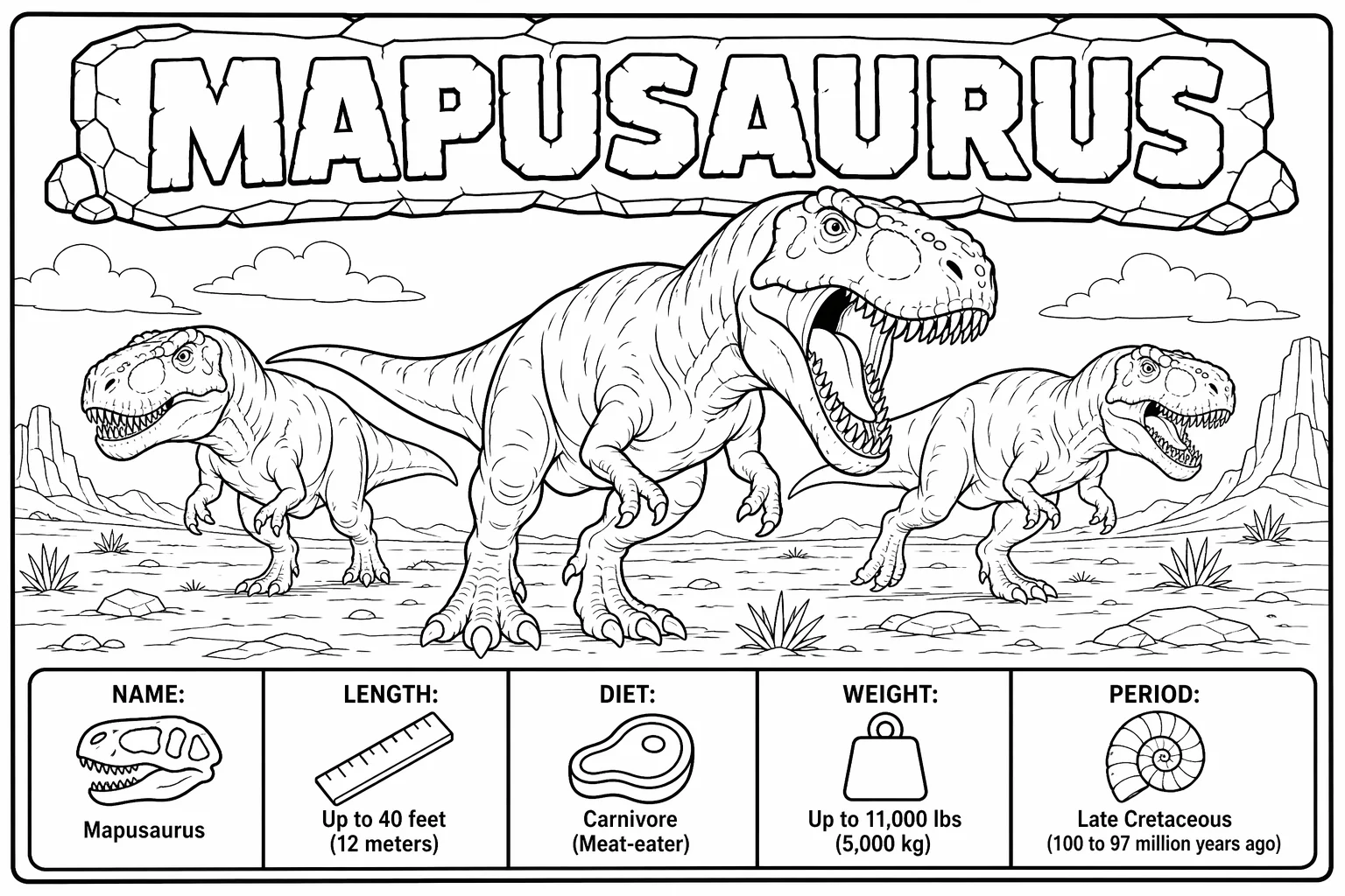 Three Mapusaurus Hunting on Dry Plains — free coloring page