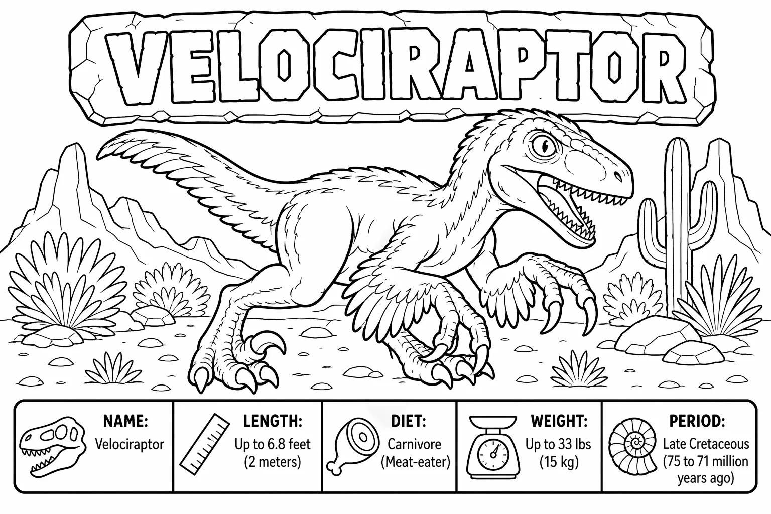 Velociraptor Dinosaur with Fact Box — free coloring page