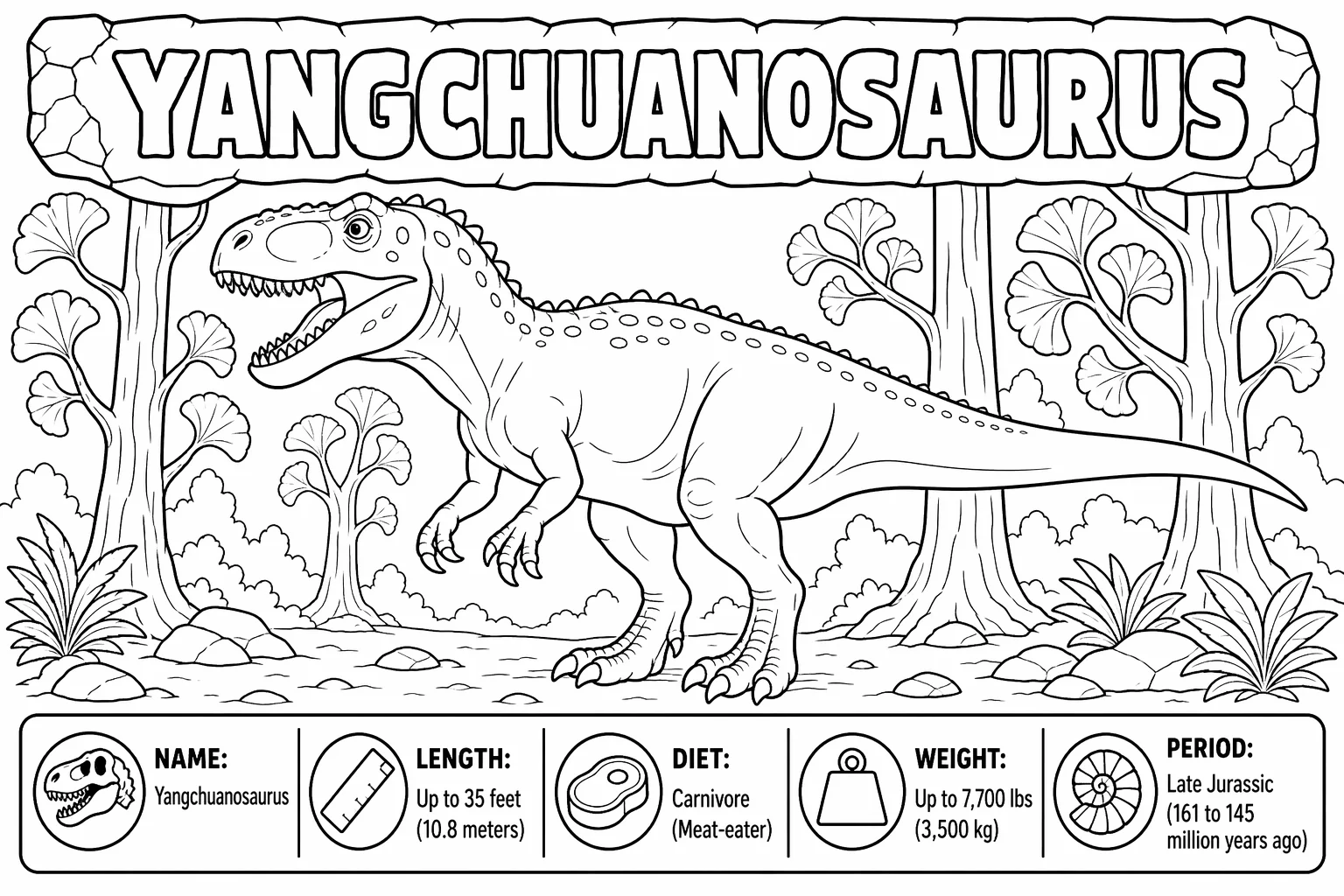 Yangchuanosaurus in Jurassic Forest — free coloring page
