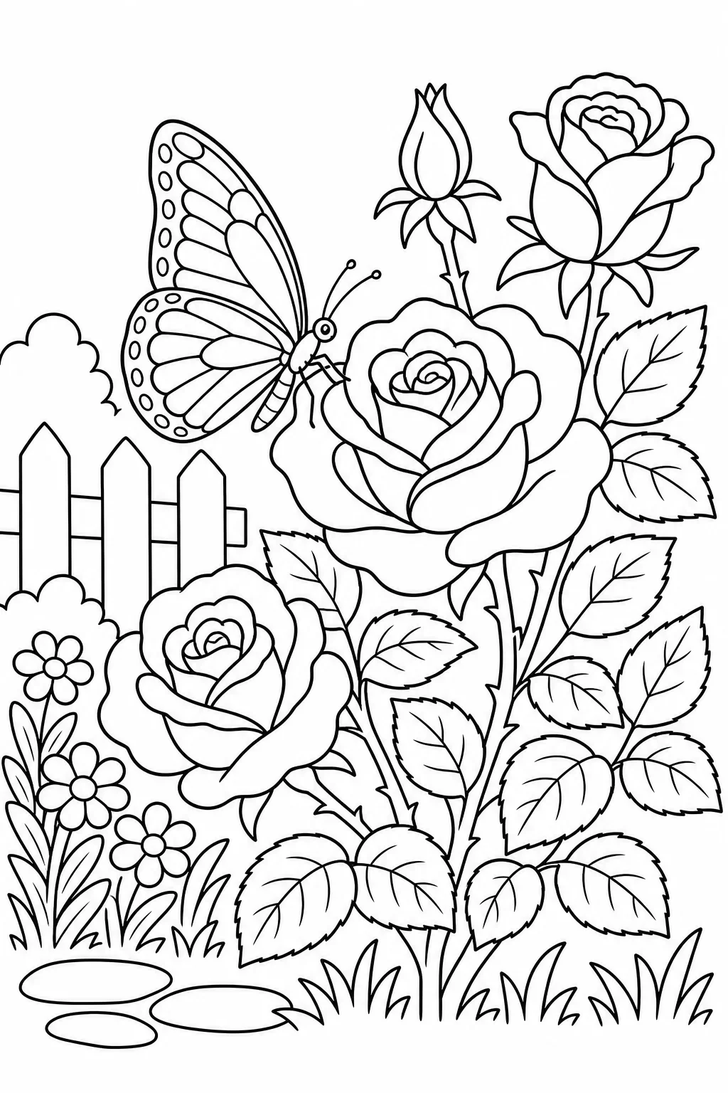 Butterfly on Rose Bush Garden Coloring Page — free coloring page