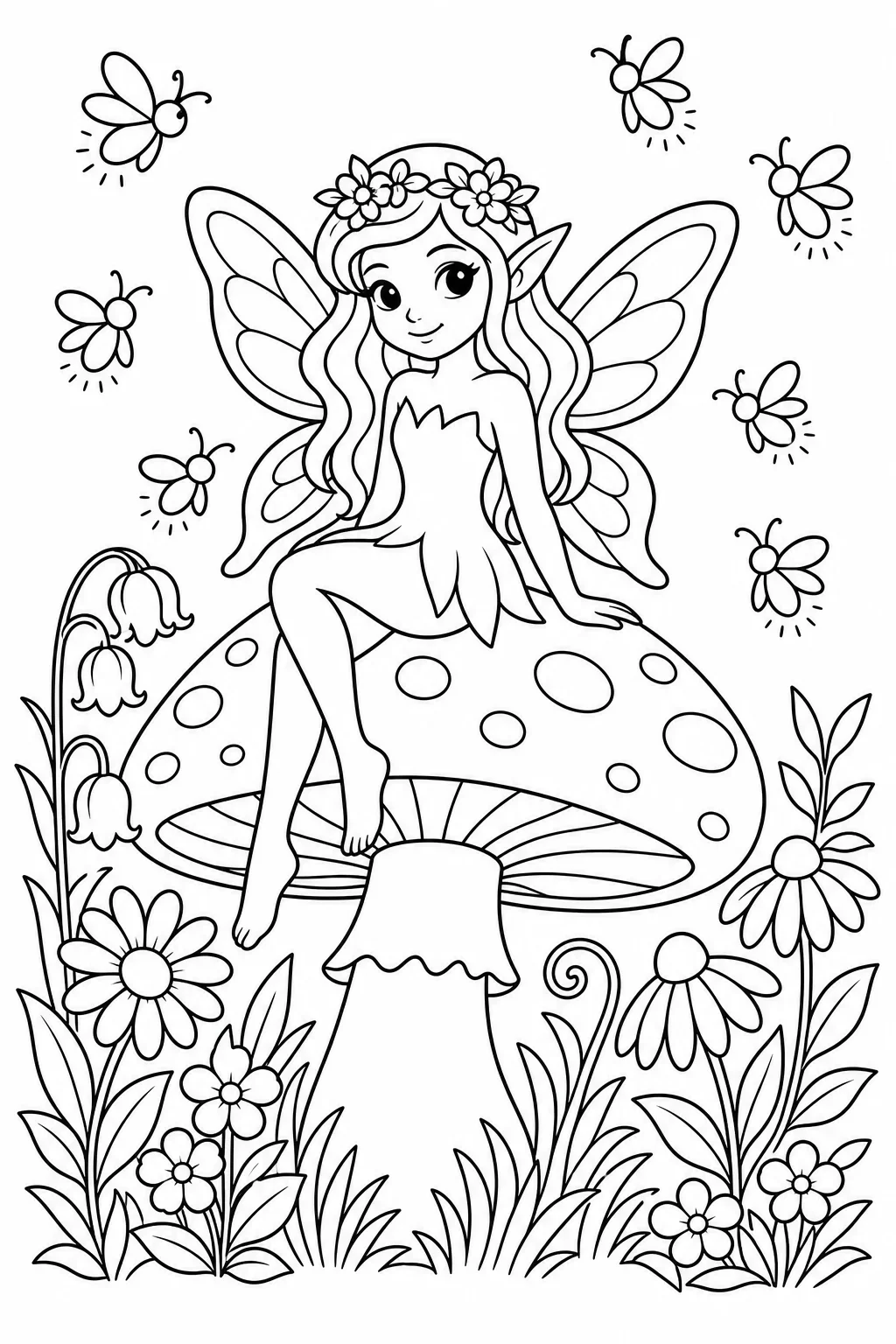Fairy on Mushroom with Fireflies and Flowers — free coloring page