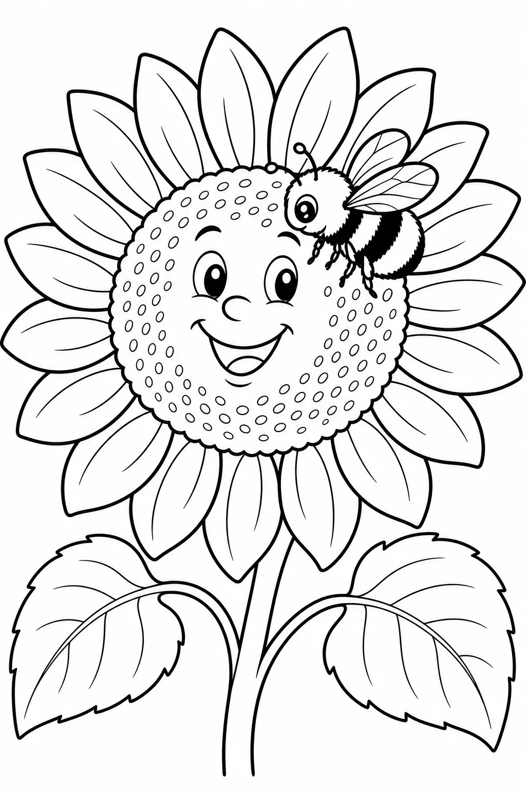 Smiling Sunflower with Bumble Bee Coloring Page — free coloring page