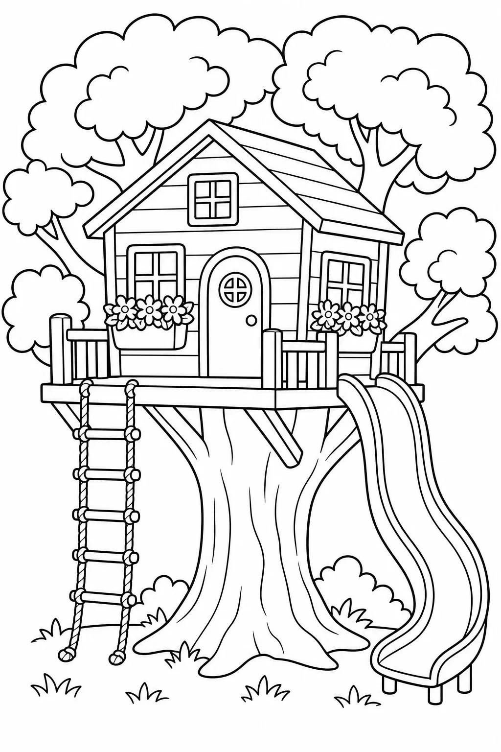 Treehouse with Rope Ladder and Slide Coloring Page — free coloring page