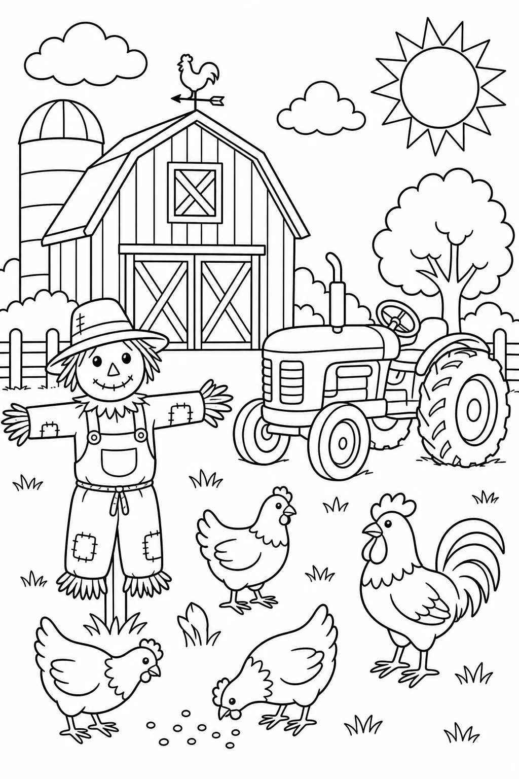 Busy Farm Scene Coloring Page — free coloring page