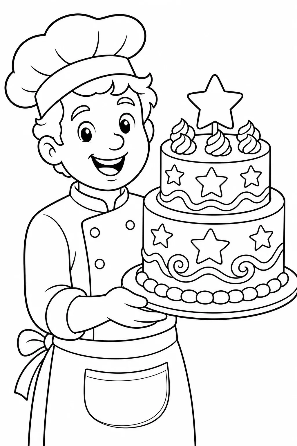 Cheerful Baker with Decorated Layered Cake — free coloring page