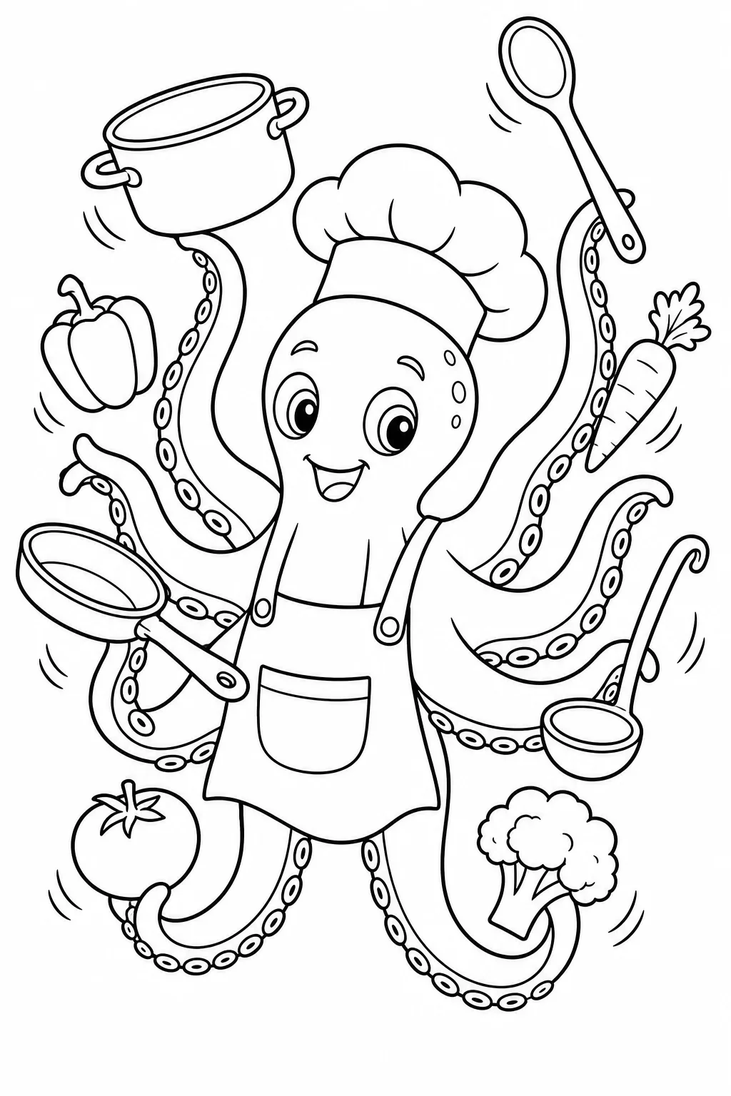 Chef Octopus Juggling Pots and Vegetables — free coloring page