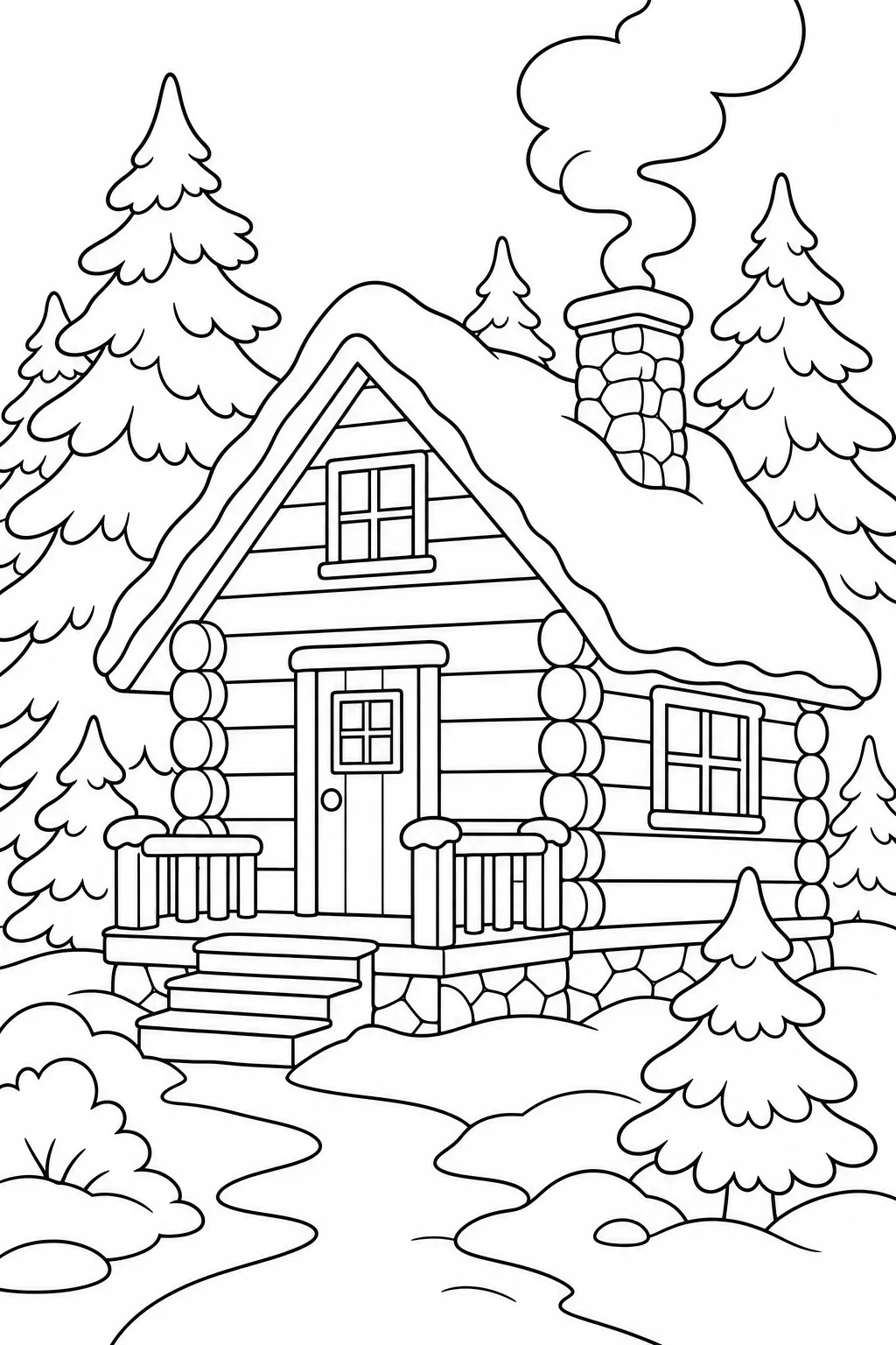 Cozy Cabin in Snowy Forest Coloring Page — free coloring page