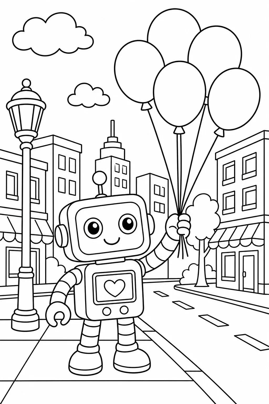 Cute Robot Holding Balloons in City Street — free coloring page