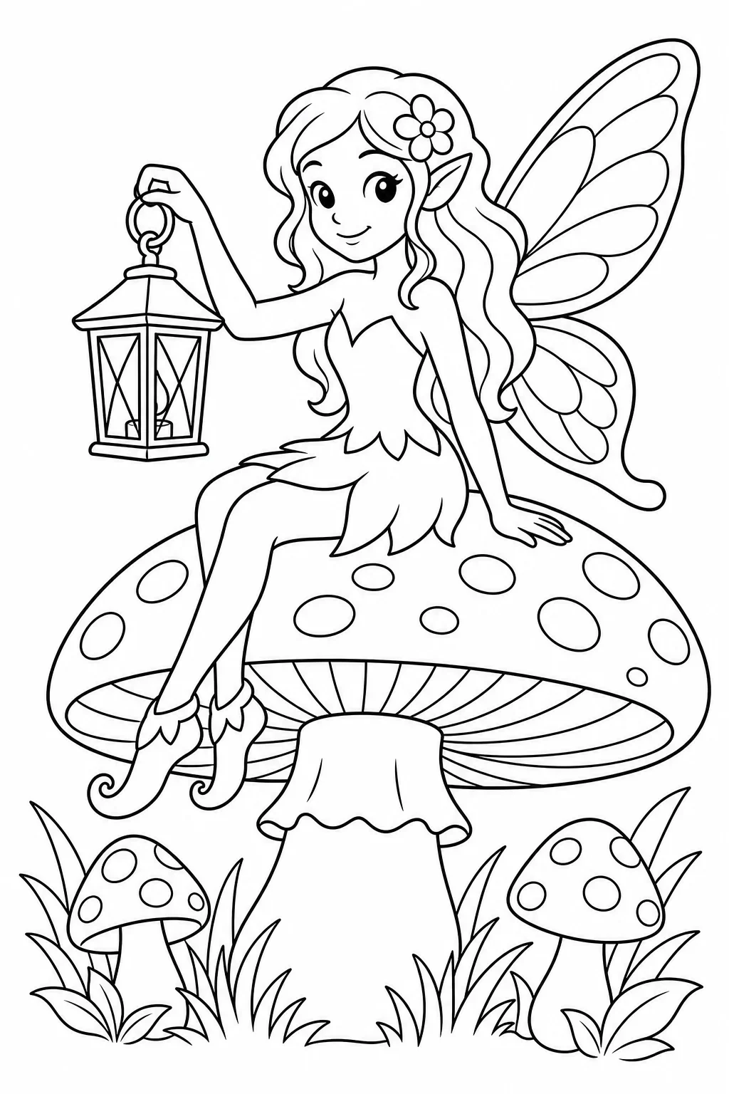 Fairy on Mushroom with Glowing Lantern — free coloring page