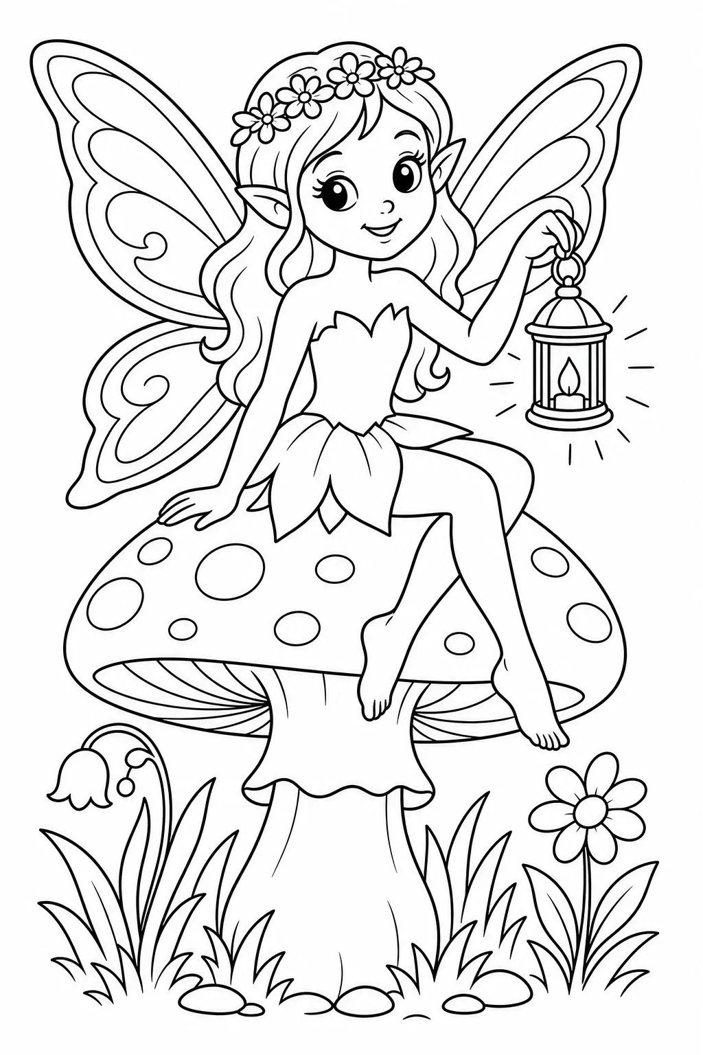 Fairy on Mushroom with Glowing Lantern — free coloring page