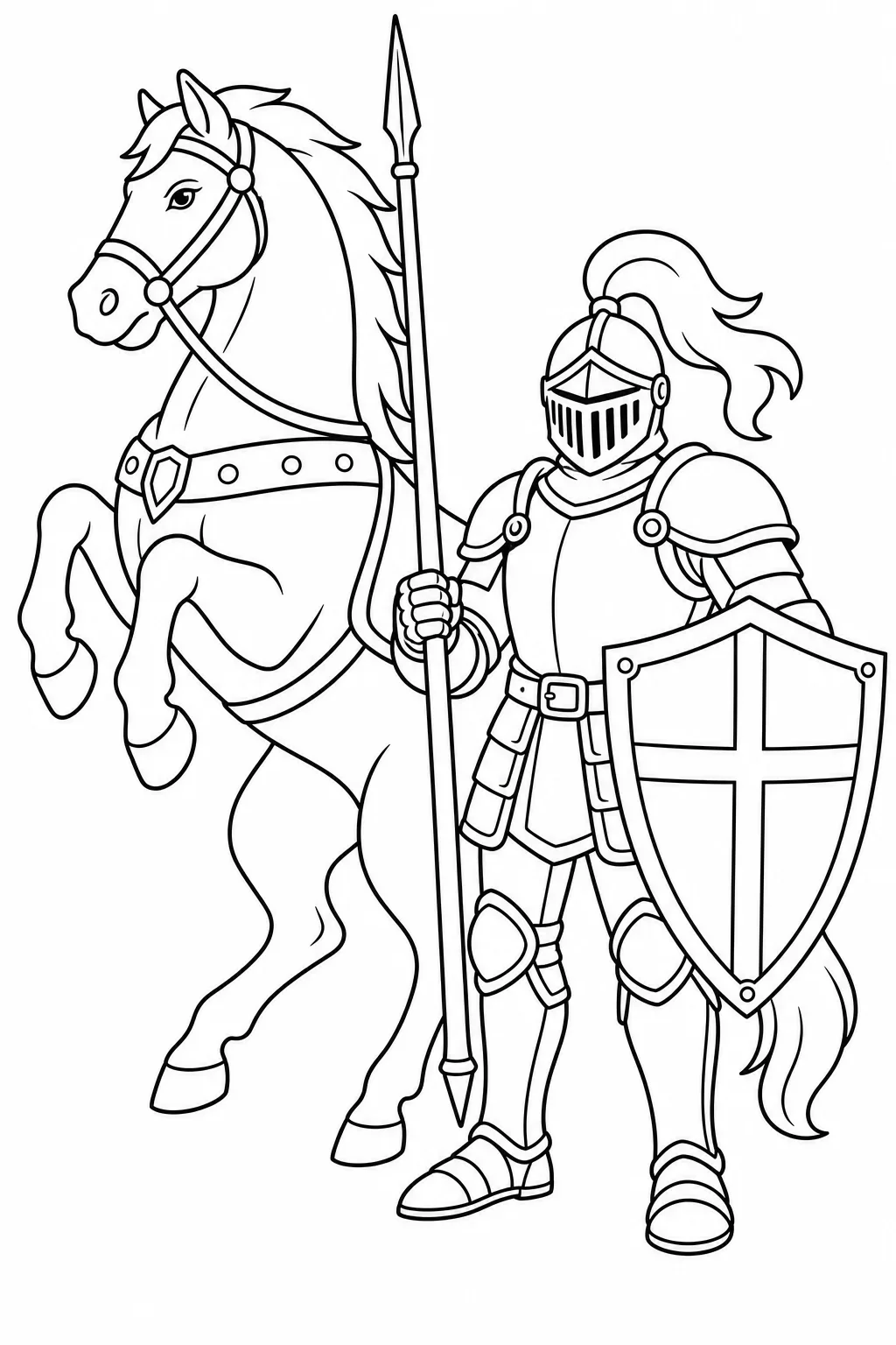 Knight in Armor with Rearing Horse Coloring Page — free coloring page