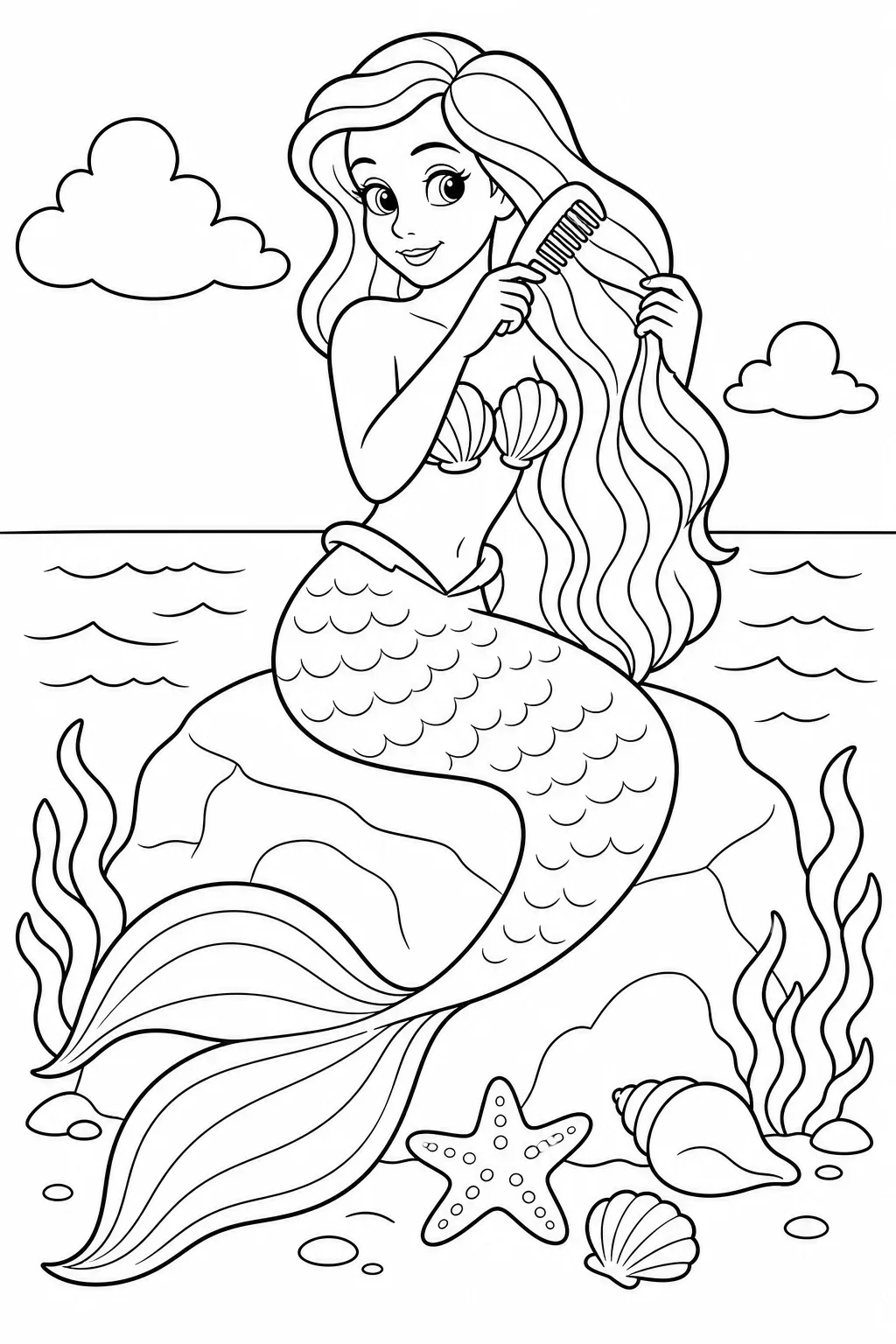 Mermaid on Rock Combing Hair Coloring Page — free coloring page