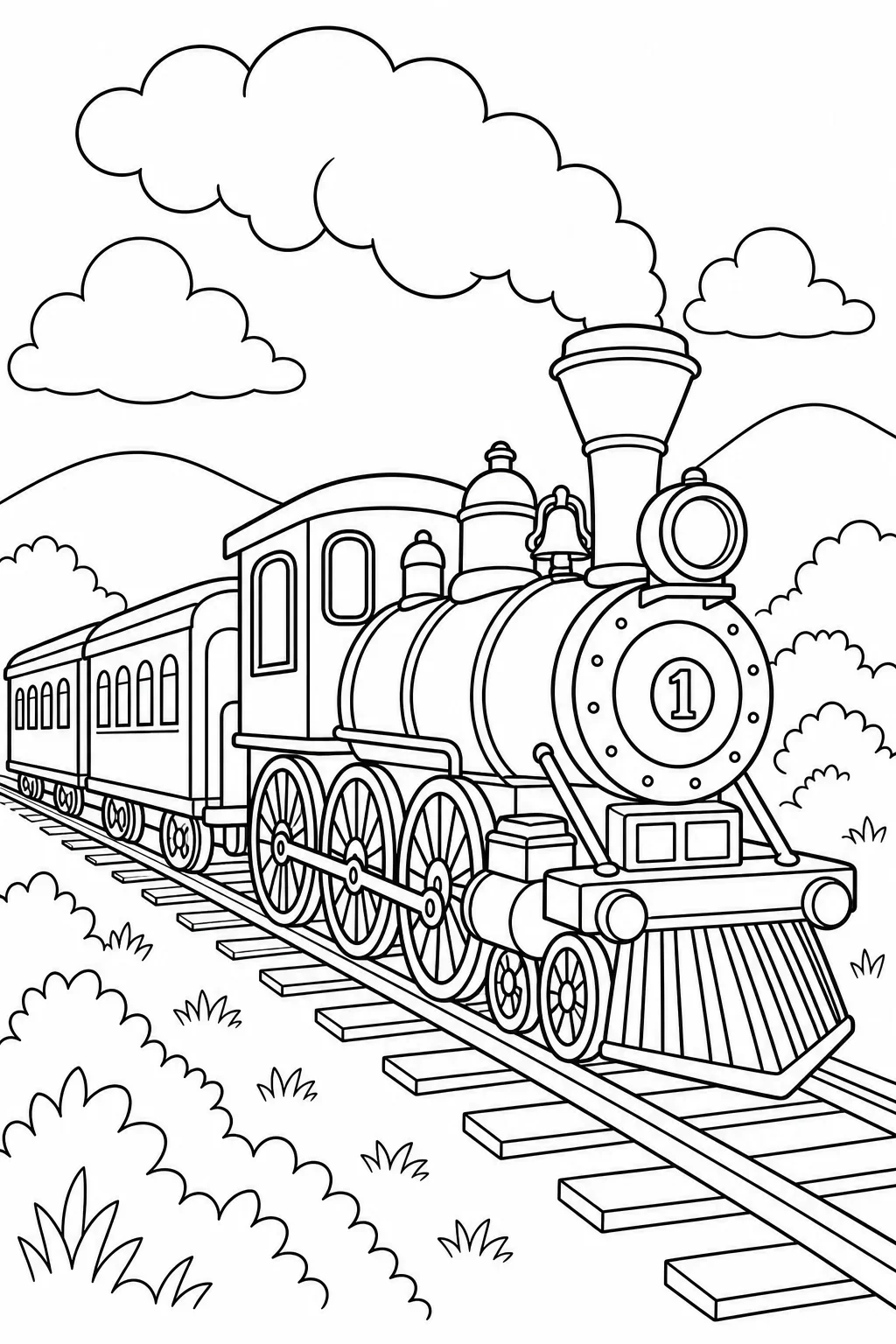 Steam Locomotive with Passenger Cars Coloring Page — free coloring page