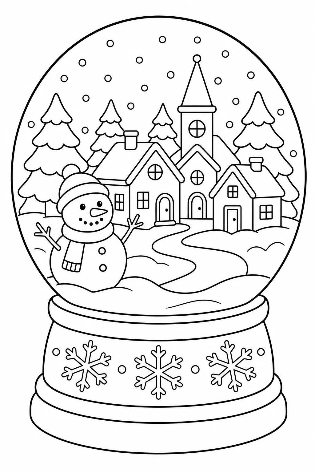 Winter Village Snow Globe Coloring Page — free coloring page