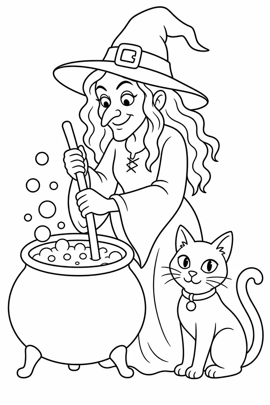 Witch with Bubbling Cauldron and Black Cat — free coloring page