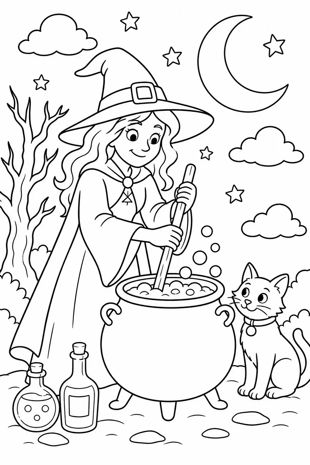 Witch Stirring Cauldron Coloring Page — free coloring page