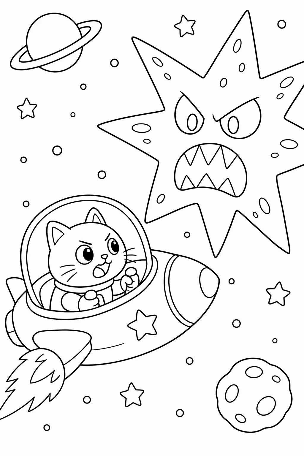 Cat Astronaut Battles Star Monster — free coloring page