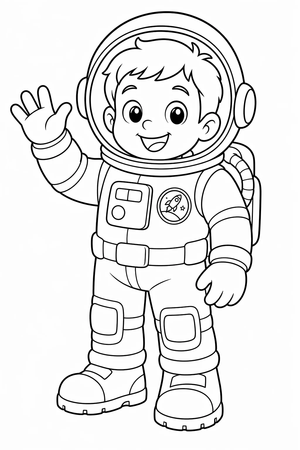 Cheerful Astronaut Kid Waving — free coloring page