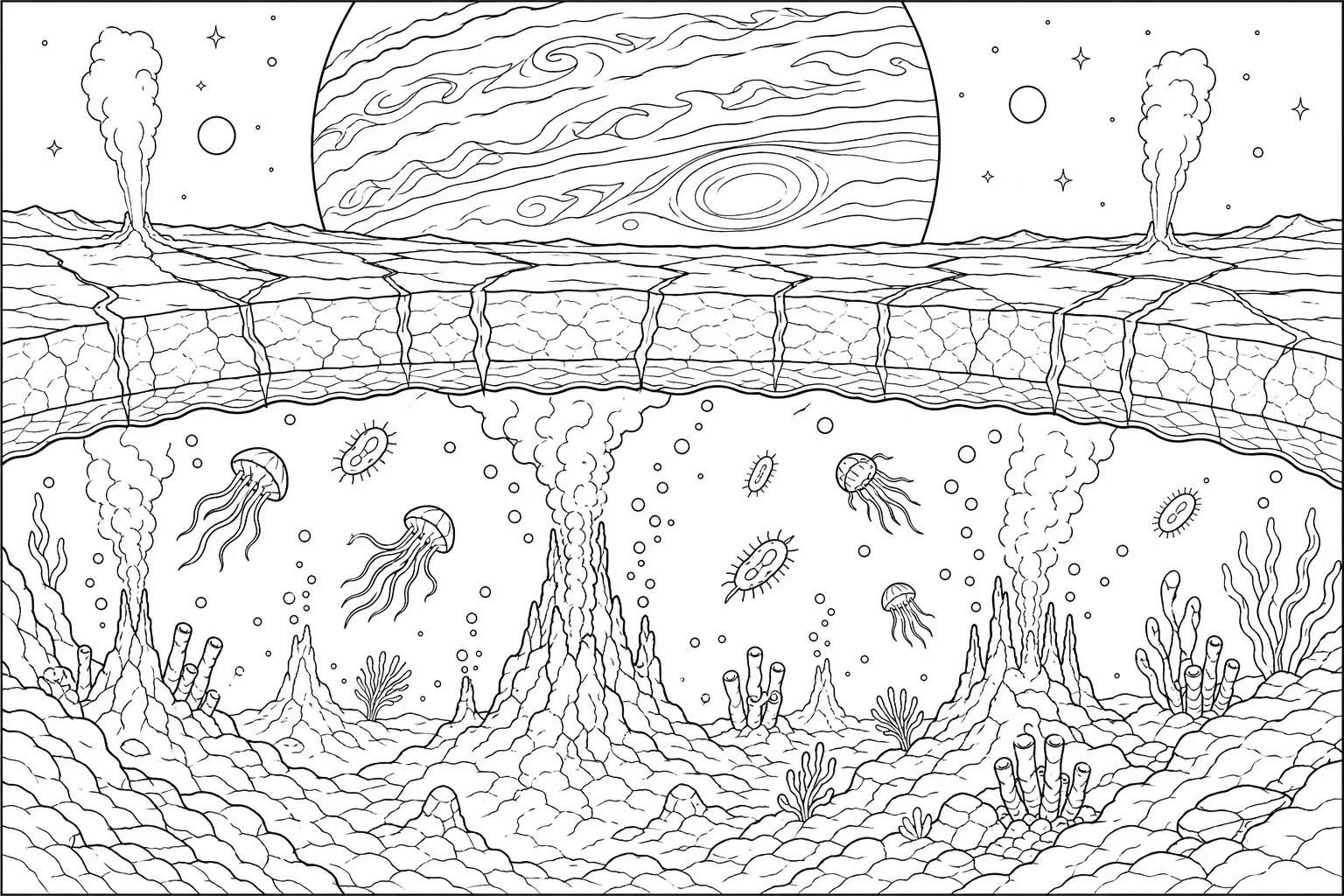 Europa's Subsurface Ocean and Alien Life — free coloring page