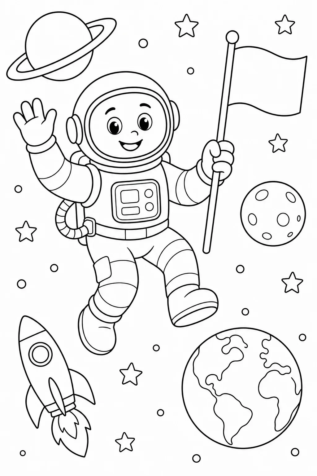 Friendly Astronaut in Space with Flag — free coloring page