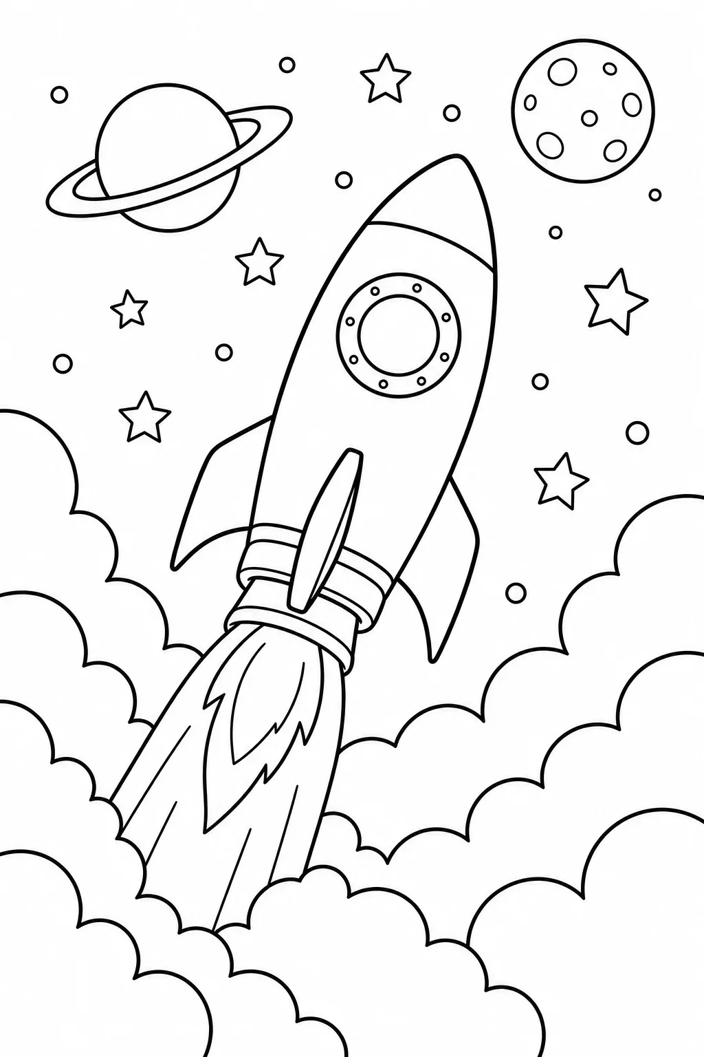 Rocket Ship Launching Through Clouds — free coloring page