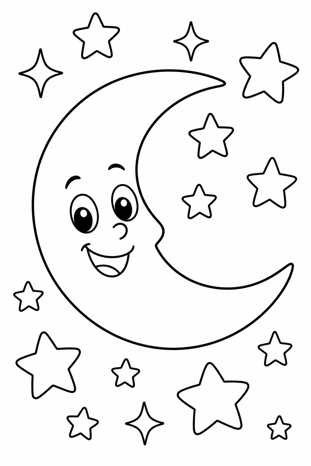 Smiling Crescent Moon with Twinkling Stars — free coloring page