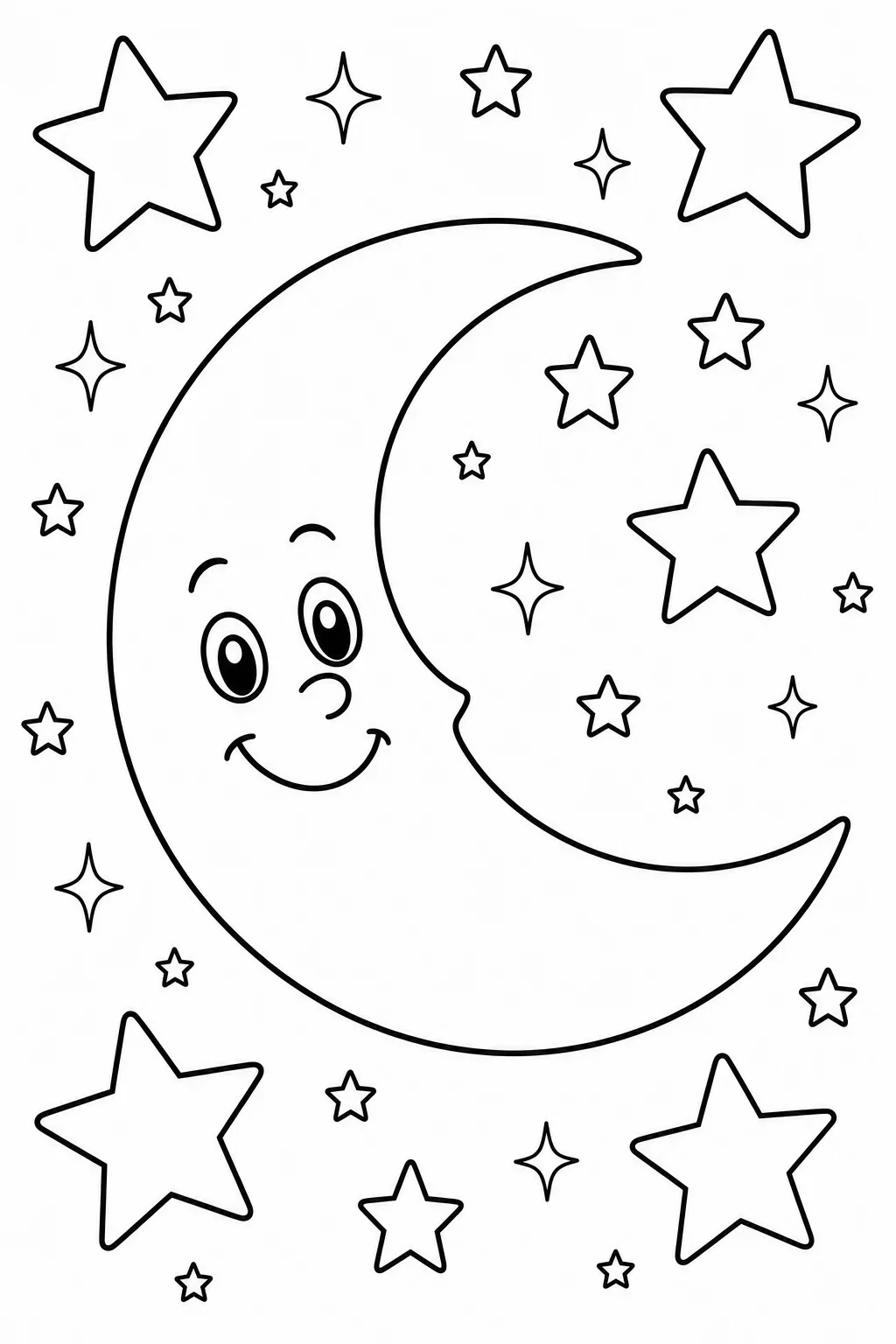Smiling Crescent Moon with Twinkling Stars — free coloring page