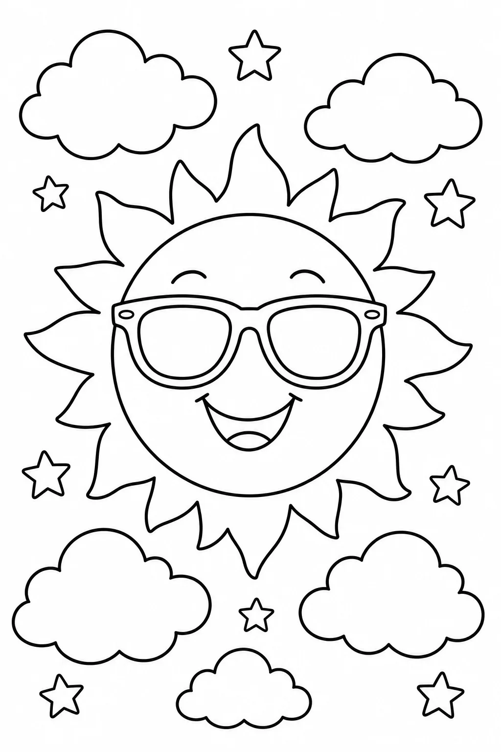 Smiling Sun with Sunglasses and Clouds — free coloring page