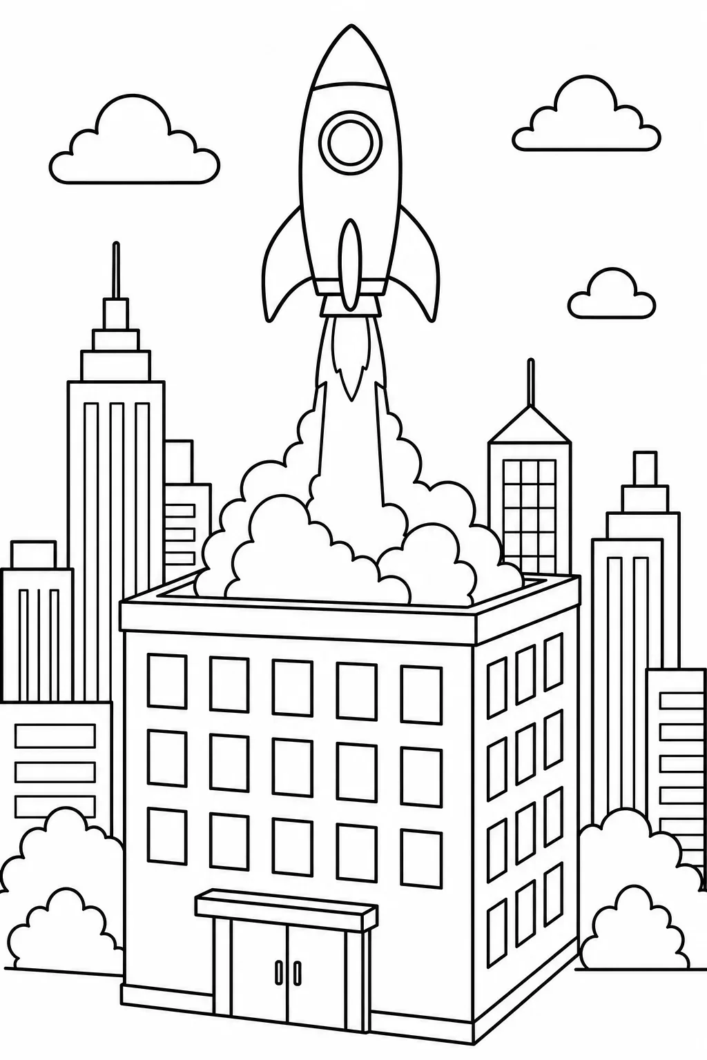 Startup Rocket Launch from Office Building — free coloring page