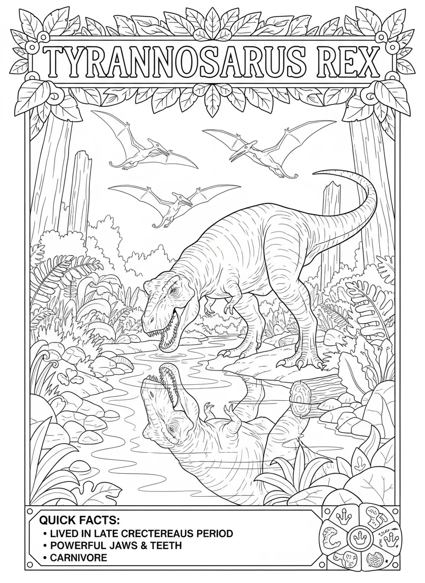 T-Rex drinking from a prehistoric river, reflection visible in water, pterodacty — free coloring page