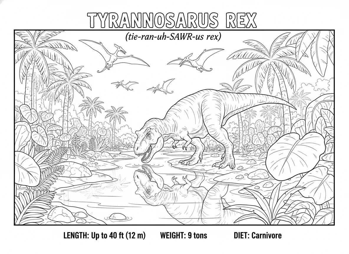 T-Rex drinking from a prehistoric river, reflection visible in water, pterodacty — free coloring page