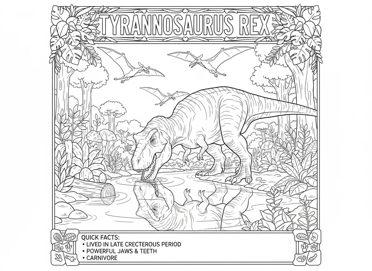 T-Rex drinking from a prehistoric river, reflection visible in water, pterodacty — free coloring page