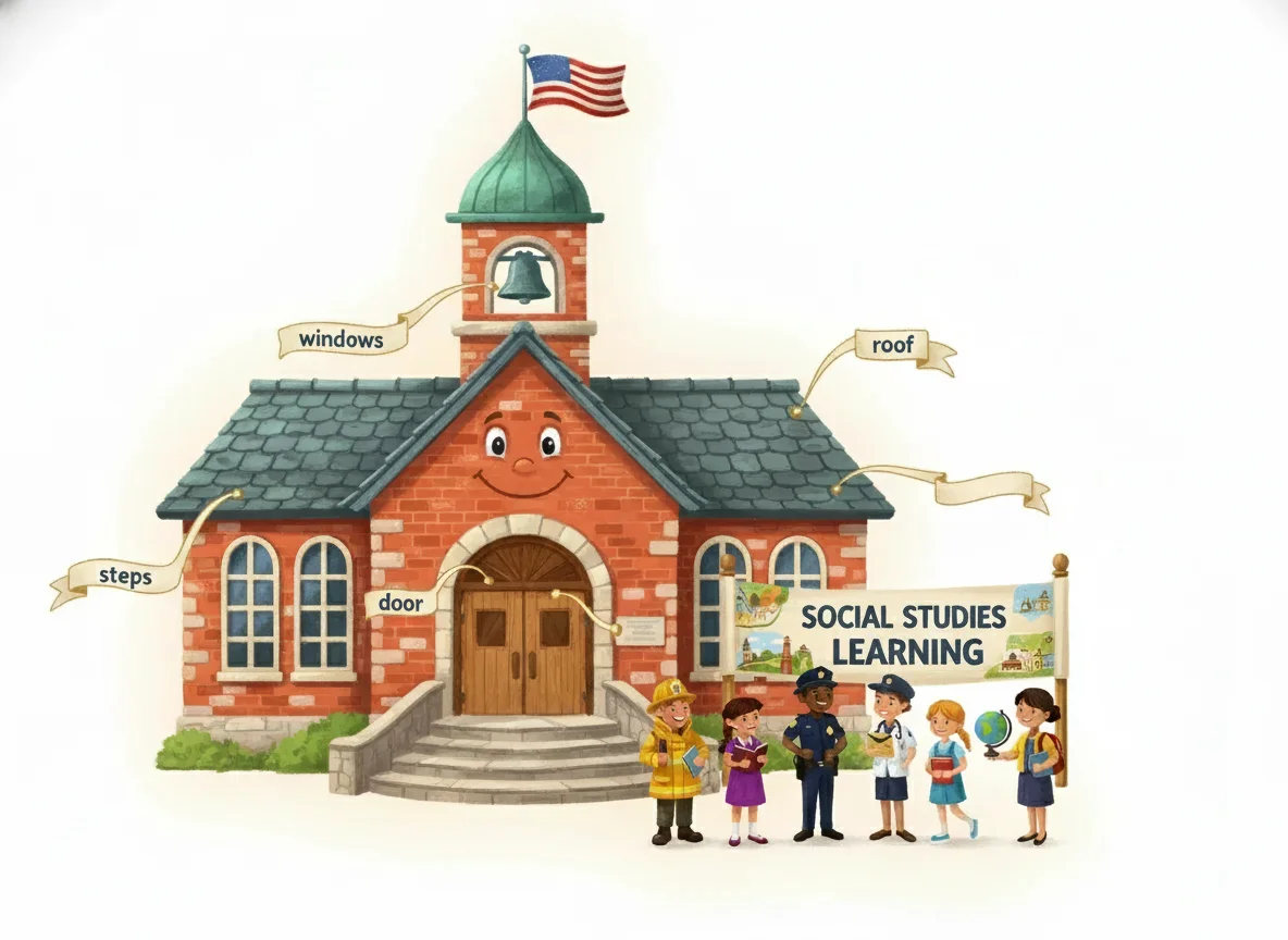 Edited: Friendly School Building with Labeled Parts — free clip art