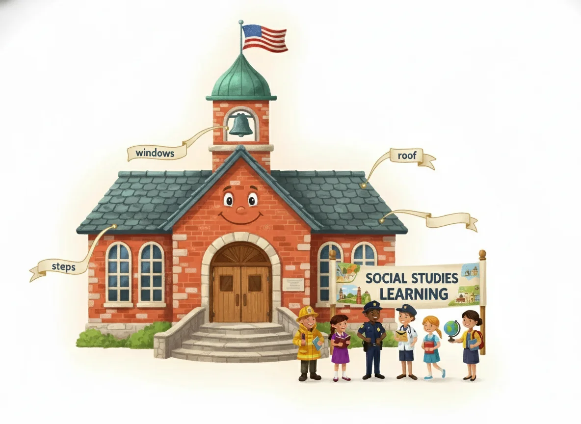 Edited: Friendly School Building with Labeled Parts — free clip art