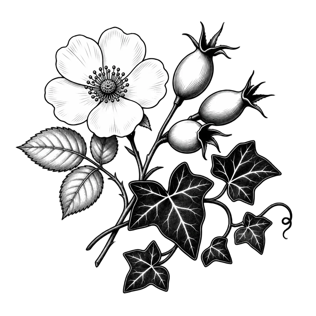 Wildrose Hagebutte Ivy Black & White — heart clip art