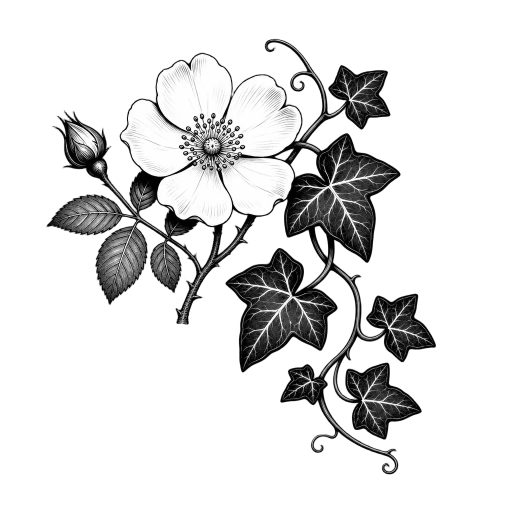 Black and White Wildrose Ivy Vine Clipart — heart clip art