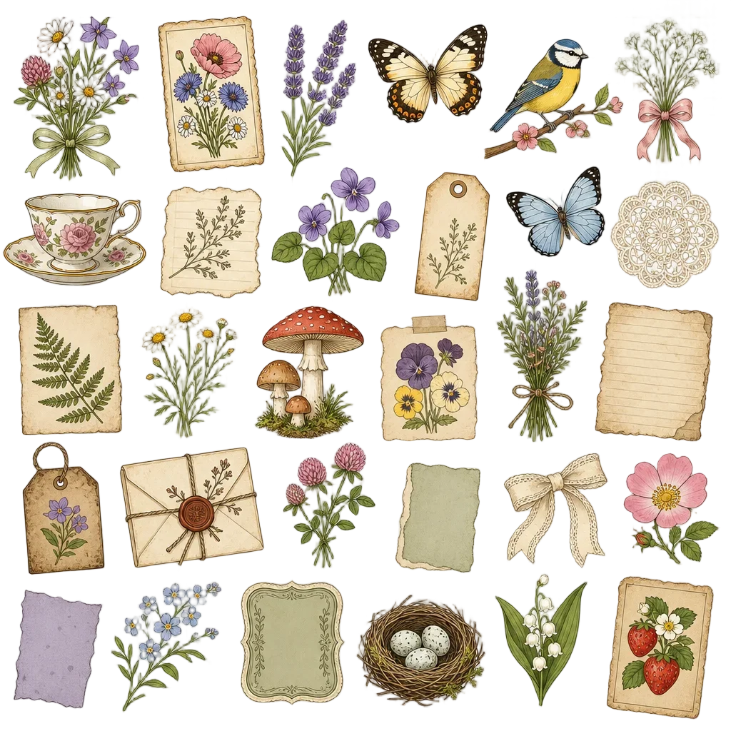 Cottagecore Junk Journal Clipart Collection 24 Elements — flower clip art