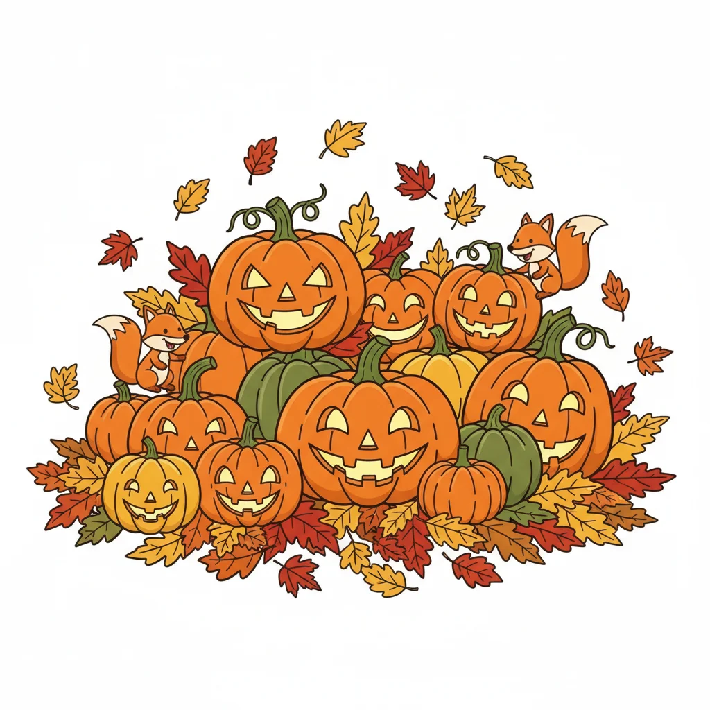 a jack-o-lantern pumpkin patch with autumn leaves — free clip art