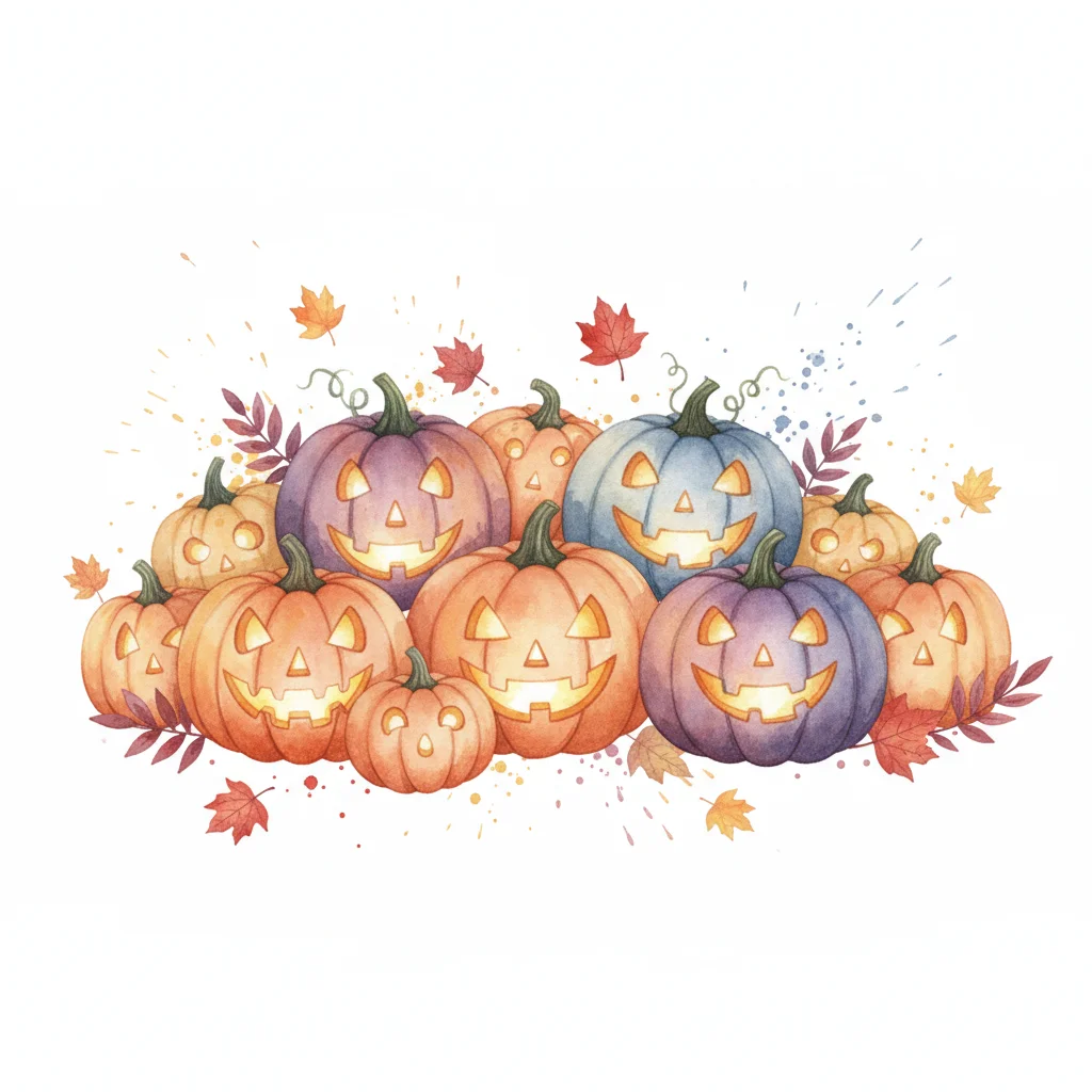 a jack-o-lantern pumpkin patch with autumn leaves — free clip art