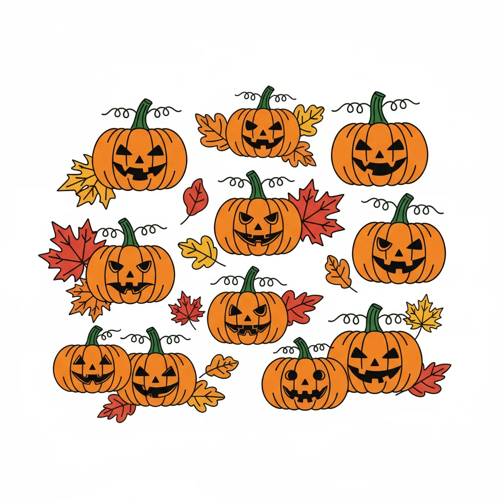 a jack-o-lantern pumpkin patch with autumn leaves — free clip art