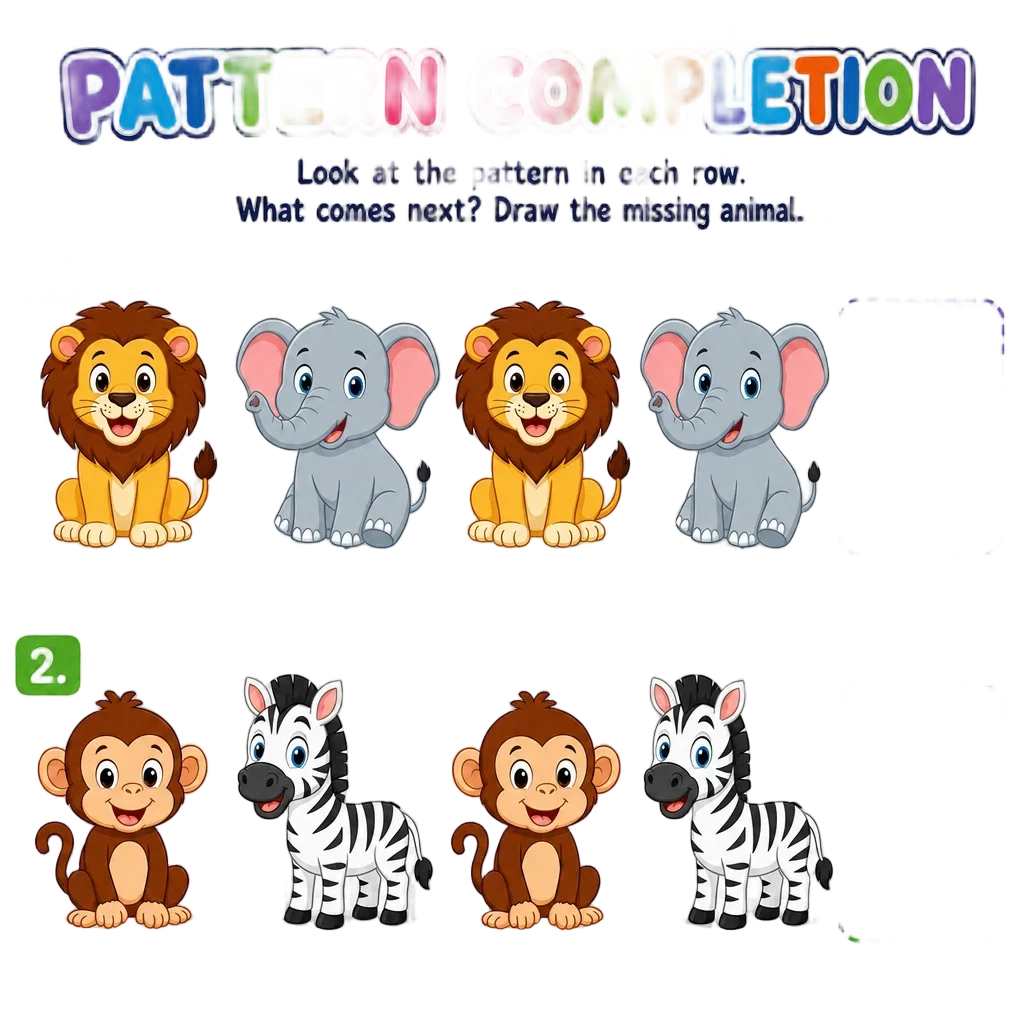 Alternating Animals Pattern Completion Worksheet — free clip art