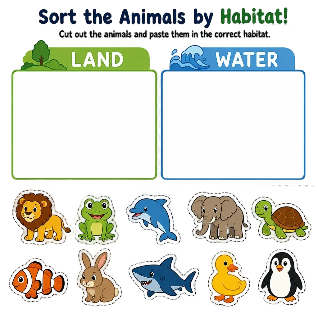 Animal Habitat Sorting Worksheet - Land & Water — free clip art