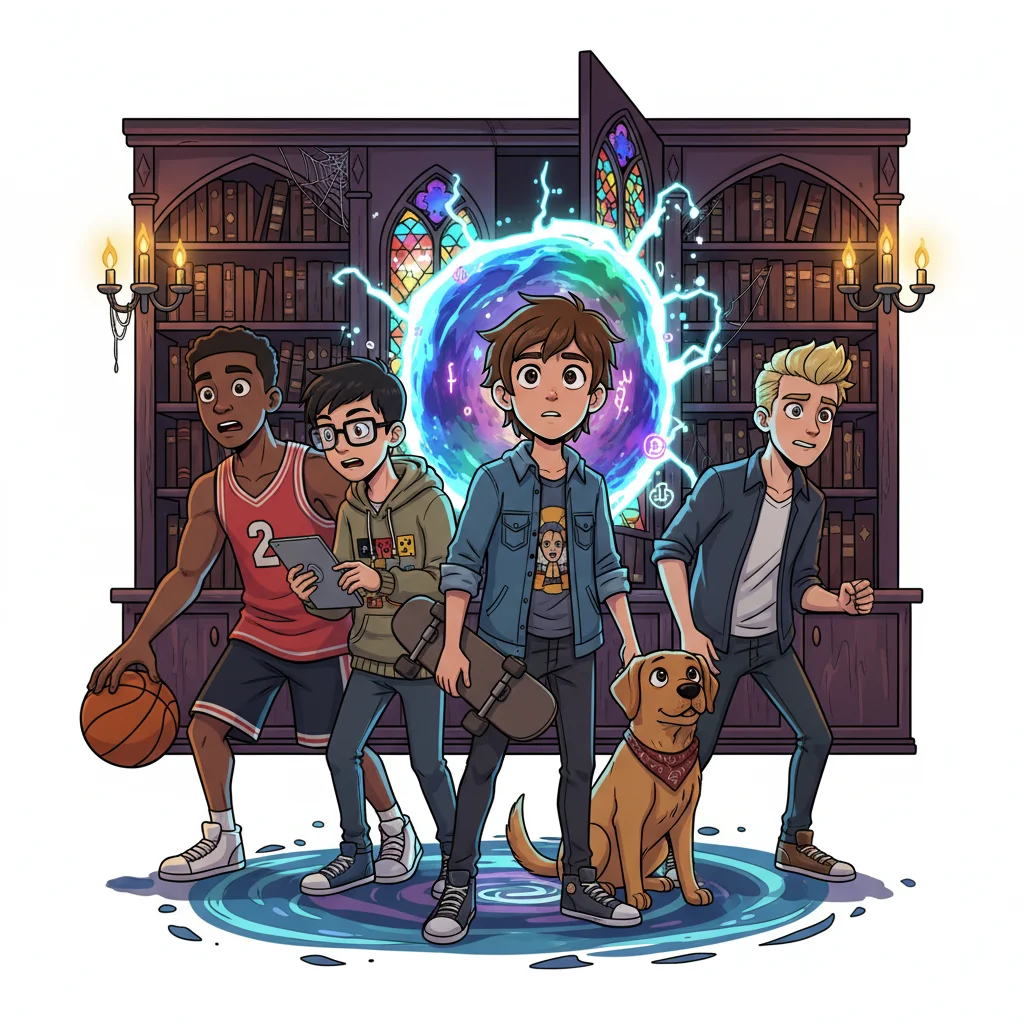 Anime style animated series, group of teenage friends in school setting, curious — free clip art