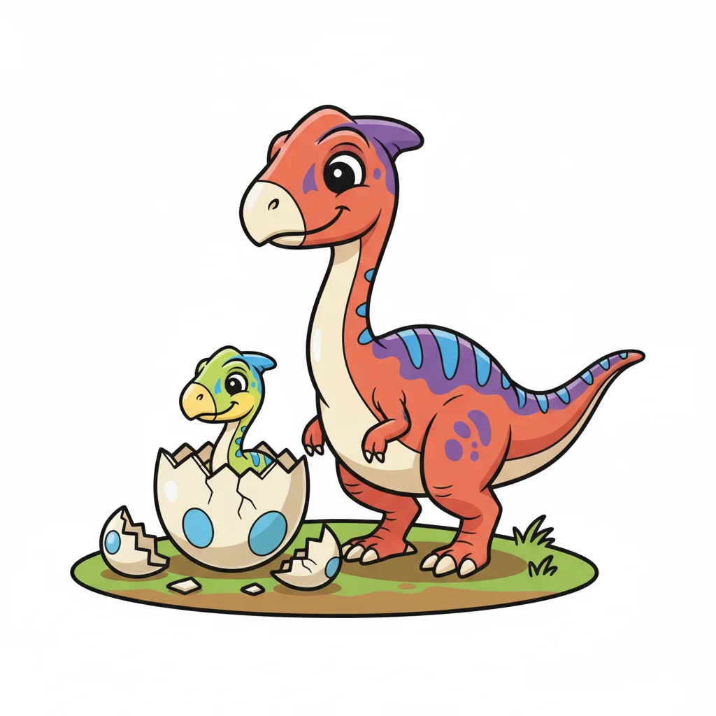 Baby Oviraptor emerging from egg, tiny beak chipping through shell, parent watch — free clip art