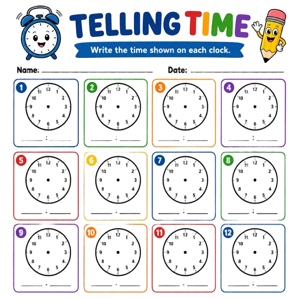 Telling Time Worksheet with Blank Analog Clocks — free clip art
